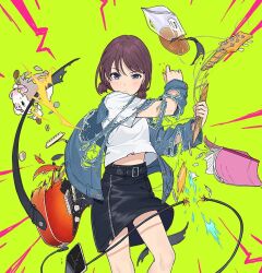 Rule 34 | 1girl, belt, black skirt, blue eyes, book, bread, brown hair, cable, carrying, cellphone, closed mouth, coin, denim, denim jacket, emphasis lines, feet out of frame, food, girls band cry, guitar, instrument, iseri nina, jacket, looking at viewer, official art, phone, piggyback, shirt, short hair, short twintails, skirt, smartphone, solo, sparks, standing, teshima nari, torn clothes, torn jacket, twintails, white shirt, wince, yellow background
