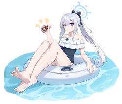 Rule 34 | 1girl, absurdres, bare shoulders, barefoot, blue archive, blue halo, blue one-piece swimsuit, blue ribbon, cellphone, closed mouth, commentary request, feet, frilled one-piece swimsuit, frills, grey hair, hair between eyes, hair ribbon, halo, happy05x, highres, holding, holding phone, legs, long hair, looking at viewer, miyako (blue archive), miyako (swimsuit) (blue archive), off-shoulder one-piece swimsuit, off shoulder, official alternate costume, on innertube, one-piece swimsuit, phone, ponytail, purple eyes, ribbon, simple background, smartphone, smile, soles, solo, swimsuit, toes, two-tone one-piece swimsuit, white background, white innertube