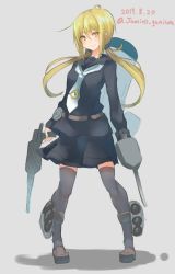 Rule 34 | 1girl, adapted turret, bad id, bad twitter id, black serafuku, black thighhighs, blonde hair, brown footwear, cannon, commentary request, crescent, crescent pin, dated, dual wielding, full body, grey background, highres, holding, jamiro quaison, kantai collection, loafers, long hair, looking at viewer, machinery, necktie, one-hour drawing challenge, satsuki (kancolle), school uniform, serafuku, shoes, simple background, smokestack, solo, standing, thighhighs, turret, twintails, twitter username, white necktie