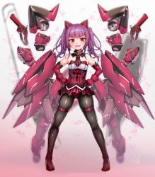 Rule 34 | 1girl, alice gear aegis, bare shoulders, black pantyhose, breasts, commentary request, doyagao, doyouwantto, dress, fake tail, floating, floating object, floating weapon, gun, hands on own hips, highres, ichijou ayaka, looking at viewer, mecha musume, open mouth, pantyhose, pink hair, red dress, red eyes, signature, skindentation, small breasts, smug, solo, tail, weapon