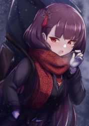 Rule 34 | 1girl, adjusting hair, bag, breath, girls&#039; frontline, gloves, hair ornament, hand in pocket, highres, jacket, long hair, necktie, official alternate costume, one side up, open mouth, purple hair, red eyes, scarf, snow, snowflake hair ornament, solo, wa2000 (date in the snow) (girls&#039; frontline), wa2000 (girls&#039; frontline), watch, white gloves, yuki shiro