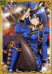 Rule 34 | 00s, 1girl, bashoku youjou, breasts, card (medium), female focus, ikkitousen, large breasts, long hair, looking at viewer, salute, sitting, smile, twintails, uniform