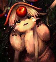 Rule 34 | 1girl, :3, absurdres, animal ears, apple, food, fruit, furry, hair between eyes, hat, highres, looking at food, looking at object, made in abyss, nanachi (made in abyss), open mouth, pants, red hat, solo, stuffing scone, white hair, yellow eyes