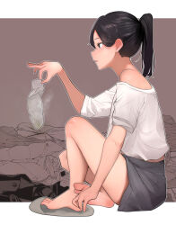 Rule 34 | 1girl, bare legs, bare shoulders, barefoot, black hair, border, commentary request, dirty legwear, feet, from side, full body, grey eyes, grey skirt, grey socks, hair between eyes, hand up, highres, holding sock, legs, lumina (artist), miniskirt, off shoulder, on ground, original, paid reward available, parted bangs, parted lips, ponytail, shadow, shirt, short sleeves, sitting, skirt, slippers, smell, socks, soles, solo, thighs, toes, unworn socks, white border, white shirt