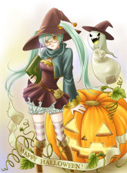 Rule 34 | 1girl, aqua hair, bad id, bad pixiv id, bloomers, boots, ghost, glasses, halloween, happy halloween, hat, jack-o&#039;-lantern, mariko niki, original, pumpkin, solo, striped clothes, striped thighhighs, thighhighs, twintails, underwear, witch hat, yellow eyes
