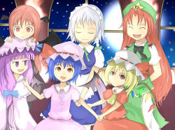 Rule 34 | 5girls, 6+girls, :d, :o, ^ ^, apron, artist request, ascot, bad id, bad pixiv id, bat wings, blonde hair, blue hair, bow, braid, china dress, chinese clothes, closed eyes, demon girl, dress, closed eyes, fang, female focus, flandre scarlet, hairband, hat, head wings, highres, hong meiling, indoors, inoopy, izayoi sakuya, koakuma, long hair, maid, maid apron, multiple girls, open mouth, patchouli knowledge, purple eyes, purple hair, red eyes, red hair, remilia scarlet, short hair, siblings, side ponytail, grey eyes, silver hair, sisters, skirt, sky, smile, embodiment of scarlet devil, touhou, twin braids, vampire, wings