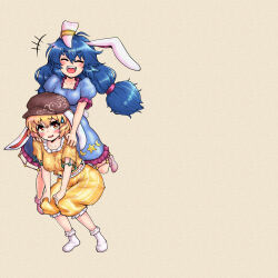 Rule 34 | +++, 2girls, :d, animal ears, blonde hair, blue dress, blue hair, blush, breasts, brown headwear, cabbie hat, carbohydrate (asta4282), carrying, chinese zodiac, closed eyes, commentary request, crescent, dress, earclip, floppy ears, frilled dress, frills, full body, hair between eyes, hat, highres, long hair, looking at viewer, medium breasts, midriff peek, multiple girls, open mouth, orange eyes, piggyback, puffy short sleeves, puffy sleeves, rabbit ears, rabbit girl, rabbit tail, ringo (touhou), seiran (touhou), shirt, short hair, short sleeves, shorts, smile, socks, star (symbol), sweatdrop, tail, teeth, touhou, upper teeth only, white socks, year of the rabbit, yellow shirt, yellow shorts