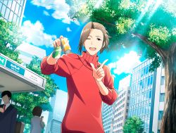 Rule 34 | 10s, 1boy, blue sky, brown eyes, brown hair, building, can, day, drink can, game cg, idolmaster, idolmaster side-m, idolmaster side-m live on stage!, index finger raised, long hair, male focus, official art, one eye closed, open mouth, ponytail, red shirt, shirt, sky, smile, soda can, solo, sweater, turtleneck, turtleneck sweater, upper body, watanabe minori