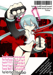 Rule 34 | 1girl, angry, animenishikihebi, barcode, binary, black panties, blue eyes, blue hair, blue nails, brass knuckles, clenched hand, closed mouth, collared shirt, detached sleeves, eyelashes, hair between eyes, hatsune miku, headset, looking at viewer, navel, panties, shirt, solo, toon (style), translation request, twintails, underwear, vocaloid, weapon, white shirt