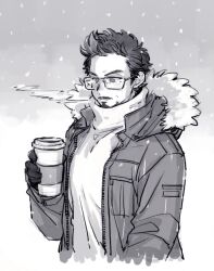 Rule 34 | 1boy, closed mouth, coat, coffee cup, commentary request, cup, dishing, disposable cup, facial hair, fur-trimmed hood, fur trim, glasses, gloves, gradient background, greyscale, hand up, holding, holding cup, hood, hooded coat, korean commentary, long sleeves, looking down, male focus, marvel, marvel cinematic universe, monochrome, open clothes, open coat, pocket, puffy long sleeves, puffy sleeves, short hair, simple background, snowing, solo, standing, sweater, tony stark, turtleneck, turtleneck sweater, v-shaped eyebrows, winter clothes