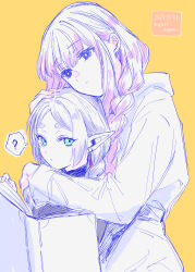 Rule 34 | 2girls, ?, absurdres, blue eyes, book, braid, closed mouth, commentary request, dated, earrings, elf, expressionless, fern (sousou no frieren), frieren, height difference, highres, holding, holding book, hug, hug from behind, jewelry, long hair, looking at viewer, multiple girls, pointy ears, purple hair, simple background, sousou no frieren, spoken question mark, twitter username, yellow background, yuri kyanon
