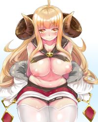 Rule 34 | 10s, 1girl, ahoge, anila (granblue fantasy), bad id, bad twitter id, blonde hair, breasts, curvy, draph, eyebrows, granblue fantasy, horns, large breasts, long hair, looking at viewer, miniskirt, naked skirt, navel, nipples, orange eyes, pleated skirt, puffy nipples, rama (amaru), sailor collar, sheep horns, shide, sitting, skirt, solo, thick eyebrows, thick thighs, thighhighs, thighs, topless, wariza, wavy hair, white thighhighs, wide hips, zettai ryouiki