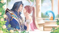 Rule 34 | 1boy, 1girl, animal ears, blue hair, blue suit, braid, brown hair, bush, closed eyes, closed mouth, couple, douluo dalu, dragon, dress, flower, formal, from side, hair ornament, hand on another&#039;s face, highres, long hair, monkey, pillar, pink dress, ponytail, rabbit ears, smile, suit, tang san, white flower, wutong yao jianqiang, xiao wu (douluo dalu)