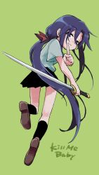 Rule 34 | 1girl, absurdres, arm at side, black skirt, black socks, bow, brown footwear, commentary request, copyright name, from behind, full body, goshiki agiri, green background, grey shirt, hair bow, half-closed eyes, highres, holding, holding sword, holding weapon, index finger raised, katana, kill me baby, kneehighs, loafers, long hair, looking back, low ponytail, miniskirt, pleated skirt, purple eyes, purple hair, red bow, reverse grip, sekichuu (unholywars12), shirt, shoes, short sleeves, simple background, skirt, smile, socks, solo, sword, very long hair, weapon