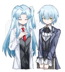 Rule 34 | 2girls, angela (project moon), ascot, black skirt, black vest, blue coat, blue hair, blue skirt, chinese commentary, closed eyes, closed mouth, coat, collared shirt, commentary request, dual persona, flat chest, hair between eyes, hand on own chest, highres, jiekuijiangshadaonijiamenkou, lab coat, library of ruina, light blue hair, lobotomy corporation, long hair, long sleeves, multiple girls, necktie, no nose, one side up, open clothes, open coat, parted bangs, project moon, red necktie, shirt, short hair, skirt, vest, white ascot, white shirt, yellow eyes