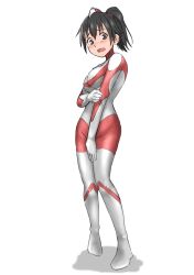 Rule 34 | 1girl, absurdres, black eyes, black hair, blush, bodysuit, breasts, cosplay, embarrassed, full body, hakuino hakase, high ponytail, highres, looking at viewer, medium breasts, medium hair, multicolored bodysuit, multicolored clothes, open mouth, original, red bodysuit, shadow, silver bodysuit, simple background, skin tight, solo, standing, ultra series, ultraman, ultraman (1st series), ultraman (cosplay), ultraman suit, white background
