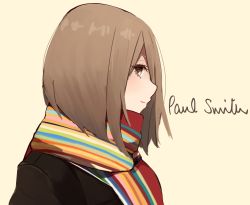 Rule 34 | 1girl, black jacket, brown background, brown eyes, brown hair, closed mouth, commentary request, eyebrows hidden by hair, jacket, kapatarou, looking at viewer, looking to the side, original, profile, scarf, simple background, smile, solo, upper body