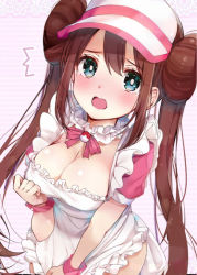Rule 34 | 1girl, apron, aqua eyes, blush, breasts, bright pupils, brown hair, cleavage, commentary request, creatures (company), dress, female focus, game freak, hair between eyes, large breasts, looking at viewer, maid, maid apron, nintendo, open mouth, pink dress, poke ball, pokemon, pokemon bw2, ribbon, rosa (pokemon), rouka (akatyann), short sleeves, solo, tearing up, twintails