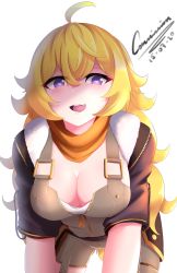 Rule 34 | 1girl, ahoge, blonde hair, blush, breasts, camilitrox cr, cleavage, downblouse, heart, heart-shaped pupils, jacket, large breasts, leaning forward, long hair, looking at viewer, open mouth, purple eyes, rwby, scarf, simple background, smile, solo, symbol-shaped pupils, tongue, tongue out, white background, yang xiao long