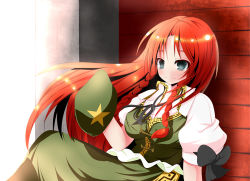Rule 34 | 1girl, bow, breasts, dress, embodiment of scarlet devil, female focus, green eyes, hair ribbon, hat, holding, holding clothes, holding hat, hong meiling, large breasts, long hair, red hair, ribbon, smile, solo, star (symbol), sukage, touhou, unworn hat, unworn headwear