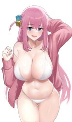 Rule 34 | 1girl, absurdres, bikini, blue eyes, blush, bocchi the rock!, breasts, cleavage, desspie, gotoh hitori, highres, huge breasts, jacket, long hair, navel, open mouth, pink hair, pink jacket, simple background, solo, swimsuit, white bikini