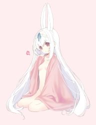 Rule 34 | 1girl, :o, animal ears, bed sheet, blue ribbon, breasts, collarbone, commentary, cynthia riddle, full body, groin, hair between eyes, head tilt, heart, highres, long hair, mofu-mofu after school, mofumofu channel, naked sheet, p19, parted lips, pink background, rabbit ears, red eyes, ribbon, simple background, small breasts, solo, spoken heart, symbol-only commentary, very long hair, virtual youtuber, white hair