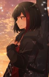 Rule 34 | 1girl, bang dream!, black hair, black jacket, blush, closed mouth, cloud, cloudy sky, from side, guitar case, hood, hooded jacket, instrument case, jacket, long sleeves, mitake ran, multicolored hair, outdoors, red eyes, red shirt, rinto (rint rnt), shirt, short hair, sky, smile, solo, standing, streaked hair, sunset
