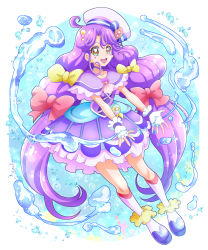 Rule 34 | 1girl, :d, bow, choker, commentary, cure coral, dress, earrings, facial mark, fingerless gloves, full body, gloves, green eyes, hair bow, hanzou, hat, heart, heart facial mark, heart in eye, high heels, highres, jewelry, long hair, looking at viewer, magical girl, multiple hair bows, open mouth, pink bow, precure, purple dress, purple hair, round teeth, sailor hat, smile, suzumura sango, symbol in eye, teeth, tropical-rouge! precure, very long hair, water, white gloves, yellow bow, yellow eyes