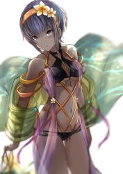 Rule 34 | 1girl, backlighting, bikini, black bikini, breasts, cleavage, dark-skinned female, dark skin, fate/grand order, fate/prototype, fate/prototype: fragments of blue and silver, fate (series), flower, hair flower, hair ornament, hairband, halterneck, hassan of serenity (fate), holding, navel, orange hairband, parted lips, pink ribbon, purple eyes, purple hair, ribbon, sash, see-through, short hair, simple background, small breasts, solo, swimsuit, white background, white flower, yatsuka (846)