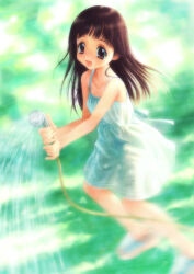 Rule 34 | 1girl, bare shoulders, blurry, blurry background, breasts, brown eyes, brown hair, collarbone, dress, flip-flops, goto p, holding, holding shower head, long hair, looking at viewer, motion blur, non-web source, open mouth, original, running, sandals, shower head, small breasts, smile, sundress