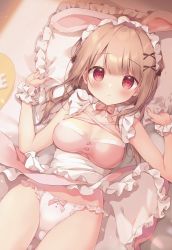 Rule 34 | 1girl, animal ears, apron, black bow, blush, bow, bow panties, breasts, brown hair, cleavage, closed mouth, commentary, dress, frilled apron, frilled panties, frilled pillow, frills, hair between eyes, hair bow, hands up, highres, long hair, looking at viewer, low twintails, lying, medium breasts, miyasaka naco, on back, original, panties, pillow, pillow grab, pink dress, rabbit ears, red eyes, solo, symbol-only commentary, twintails, underwear, white apron, white panties, wrist cuffs