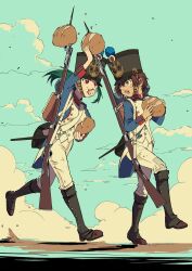Rule 34 | 2girls, antique firearm, bayonet, blue eyes, blue jacket, blue sky, bread, brown hair, buttons, caplock, cloud, coattails, commentary request, cowboy shot, double-breasted, eating, epaulettes, fang, firearm, firelock, flintlock, food, france, french army, french clothes, full body, gaiters, green hair, gun, hair between eyes, hand on headwear, hat, highres, holding, holding food, jacket, long hair, looking to the side, military, military hat, military uniform, multiple girls, original, pants, ponytail, red eyes, running, shako cap, short hair, sky, smile, soldier, sword, uniform, weapon, white pants, zeinikunosekai