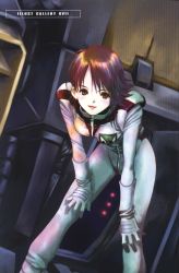 Rule 34 | 1girl, asuna elmarit, bent over, blush, bodysuit, breasts, brown hair, closed mouth, dutch angle, ecole du ciel, emblem, foreshortening, gloves, gundam, hands on own knees, hanging breasts, highres, indoors, looking at viewer, medium breasts, mikimoto haruhiko, pilot suit, red eyes, red lips, short hair, skin tight, solo, standing, tareme, white gloves
