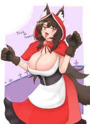 Rule 34 | 1girl, animal ear fluff, animal ears, breasts, brown hair, claw pose, halloween, highres, imaizumi kagerou, large breasts, long hair, red eyes, slit pupils, solo, tail, tongue, tongue out, touhou, warosufox, wolf ears, wolf girl, wolf tail