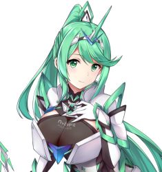 Rule 34 | 1girl, armor, blush, breast press, breasts, chest jewel, dress, earrings, female focus, gem, gloves, greek text, green eyes, green hair, hair ornament, headpiece, jewelry, large breasts, long hair, looking at viewer, matching hair/eyes, nintendo, one eye closed, pneuma (xenoblade), ponytail, simple background, smile, solo, swept bangs, tiara, upper body, very long hair, white background, xenoblade chronicles (series), xenoblade chronicles 2, xiao qi