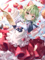 Rule 34 | 1girl, absurdres, animal ears, apple, apple peel, bitten apple, blush, bow, braid, breasts, cake, capelet, character name, cleavage, dress, fake animal ears, food, food bite, fork, frilled shirt collar, frills, fruit, glint, green eyes, green hair, gumi, hair bow, hair ornament, heart, highres, layered dress, looking at viewer, lying, medium breasts, nasu8601, on back, parted lips, plate, short hair, solo, strawberry, sweets, tart (food), underbust, vocaloid, wrist cuffs