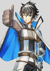 Rule 34 | 1boy, belt, black hair, blue eyes, cape, charlemagne (fate), fate/extella, fate/extella link, fate/extra, fate/grand order, fate (series), gloves, grey background, grin, highres, inugami86, joyeuse ordre (fate), male focus, multicolored hair, one eye closed, scabbard, sheath, sheathed, short hair, simple background, smile, solo, sword, thumbs up, two-tone hair, weapon, white hair