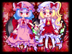 Rule 34 | 2girls, ascot, back bow, bat wings, blonde hair, blue hair, bow, chibi, fang, fingernails, flandre scarlet, frilled shirt, frilled skirt, frills, full body, hair between eyes, hat, highres, holding hands, large bow, long hair, looking at viewer, mary janes, medium hair, mob cap, multicolored wings, multiple girls, nail polish, open mouth, pantyhose, pink headwear, pink shirt, pink skirt, puffy short sleeves, puffy sleeves, red ascot, red background, red bow, red eyes, red footwear, red nails, red skirt, red vest, remilia scarlet, sakyam-yok, sharp fingernails, shirt, shoes, short sleeves, siblings, side ponytail, sisters, skirt, skirt set, touhou, vest, white bow, white headwear, white pantyhose, white shirt, wings, wrist cuffs, yellow ascot