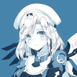 Rule 34 | 1girl, alternate hairstyle, armband, artist name, beret, blue background, blue bodysuit, blue eyes, blue theme, blush, bodysuit, breasts, closed mouth, combat medic ziegler, emblem, eyelashes, eyes visible through hair, flat color, hat, juliet sleeves, kaoruru (sakuno2911), lips, logo, long sleeves, looking at viewer, mercy (overwatch), monochrome, official alternate costume, overwatch, overwatch 1, parted bangs, puffy sleeves, short hair, signature, simple background, small breasts, smile, solo, spread wings, turtleneck, upper body, white hat, wings