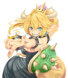 Rule 34 | &gt;:), 1girl, 5t, armlet, arms up, back, black collar, black dress, blonde hair, blue eyes, borrowed design, bowsette, bracelet, breath weapon, breathing fire, collar, commentary request, crown, dress, earrings, fingernails, fire, floating hair, from side, grin, hair between eyes, high ponytail, highres, horns, jewelry, long hair, looking at viewer, looking back, mario (series), new super mario bros. u deluxe, nintendo, outstretched arm, pointy ears, ponytail, sharp fingernails, sharp teeth, shoulder blades, sidelocks, simple background, slit pupils, smile, solo, spiked armlet, spiked bracelet, spiked collar, spiked shell, spiked tail, spikes, strapless, strapless dress, super crown, tail, teeth, turtle shell, upper body, v-shaped eyebrows, white background