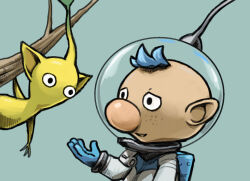 Rule 34 | 1boy, alph (pikmin), aqua background, backpack, bag, big nose, black eyes, blue bag, blue gloves, blue hair, branch, climbing, colored skin, commentary request, freckles, gloves, helmet, holding, holding branch, looking at another, naru (wish field), nervous smile, nintendo, no mouth, open mouth, outstretched hand, pikmin (creature), pikmin (series), pointy ears, radio antenna, short hair, smile, space helmet, spacesuit, upper body, very short hair, whistle, yellow pikmin, yellow skin