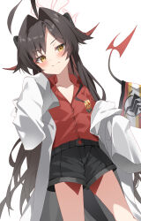 Rule 34 | 1girl, absurdres, ahoge, black hair, black horns, black shorts, black tail, blue archive, blush, closed mouth, coat, collared shirt, demon horns, hair intakes, halo, highres, horns, kasumi (blue archive), lab coat, long hair, oversized clothes, red halo, red shirt, shirt, shirt tucked in, shorts, simple background, sleeves past fingers, sleeves past wrists, smile, solo, sutei (arece15), white background, white coat, yellow eyes