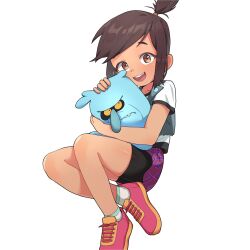 Rule 34 | 1boy, 1girl, bike shorts, blue vest, brown eyes, brown hair, fang, full body, ghost, highres, hug, light blush, looking at viewer, ludo0109, molly mcgee, ponytail, red footwear, scratch (the ghost and molly mcgee), shirt, shoes, sidelocks, simple background, skirt, smile, sneakers, socks, t-shirt, the ghost and molly mcgee, thighs, vest, white shirt, white socks, yellow eyes
