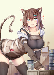 Rule 34 | 1girl, animal ears, blush, breasts, brown hair, brown jacket, brown theme, cat ears, cat girl, cat tail, ciao churu, closed mouth, collarbone, commentary request, dot nose, drawstring, fish hair ornament, fumino tamaki, green eyes, hair between eyes, hair ornament, heart, hood, hooded jacket, indoors, irohara, jacket, large breasts, licking lips, long sleeves, looking at viewer, nijisanji, pet food, pleated skirt, short hair, sign, sign around neck, skirt, sleeves past wrists, solo, strap slip, tail, tail raised, thighhighs, tongue, tongue out, translated, unzipped, virtual youtuber, zipper pull tab