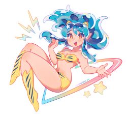 Rule 34 | 1girl, :d, animal print, bare shoulders, bikini, blue hair, blush, boots, breasts, cleavage, constellor, electricity, eyelashes, floating, floating hair, full body, heart, highres, horns, lightning bolt symbol, long hair, looking at viewer, lum, medium breasts, navel, oni, open hand, open mouth, orange eyes, pointy ears, simple background, smile, solo, star (symbol), strapless, strapless bikini, swimsuit, teeth, tiger print, twitter username, upper teeth only, urusei yatsura, white background, yellow bikini