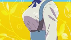 Rule 34 | 1girl, animated, animated gif, axis powers hetalia, bouncing breasts, breast focus, breasts, bursting breasts, close-up, head out of frame, jiggle, large breasts, overalls, popped button, ribbon, solo, ukraine (hetalia), wardrobe malfunction
