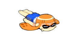 Rule 34 | 1girl, bare legs, blunt bangs, closed eyes, double vertical stripe, full body, haruka (niconico), inkling, inkling girl, inkling player character, long hair, lying, nintendo, on stomach, orange hair, pointy ears, shirt, shorts, simple background, smile, solo, splatoon (series), splatoon 1, striped clothes, striped shorts, sweat, tentacle hair, vertical-striped clothes, vertical-striped shorts, white background, white shirt
