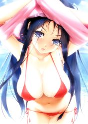 Rule 34 | 1girl, absurdres, arms up, beach, bikini, black eyes, black hair, blush, breasts, cloud, collarbone, day, covered erect nipples, happoubi jin, highres, large breasts, long hair, looking at viewer, navel, open mouth, original, red bikini, scan, side-tie bikini bottom, sky, solo, swimsuit, undressing