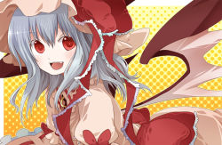 Rule 34 | 1girl, :d, bat wings, blue hair, fang, female focus, frills, from side, grin, hat, kintaro, looking at viewer, open mouth, polka dot, polka dot background, red eyes, remilia scarlet, smile, solo, touhou, wings, yellow background