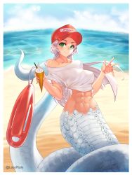 Rule 34 | 1girl, abs, asphyxiation, beach, dmitriy samarkin, drowning, food, green eyes, highres, ice cream, ice cream cone, lamia, lifeguard, long hair, looking at viewer, monster girl, off-shoulder shirt, off shoulder, original, scales, shirt, smile, solo, tied shirt, twitter username, water, white hair, white shirt